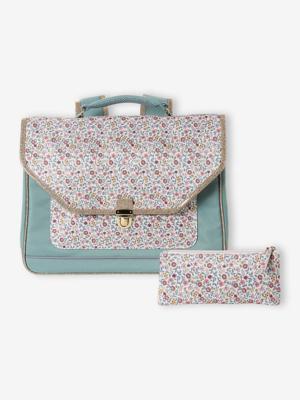 Personaliseerbare schooltas BERGAMOTTE + etui met bloemenprint voor meisjes saliegroen