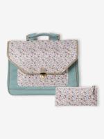 Personaliseerbare schooltas BERGAMOTTE + etui met bloemenprint voor meisjes saliegroen