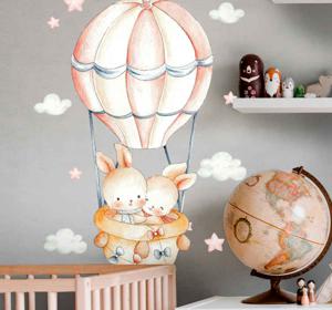 Dieren stickers Pastel konijntjes op wolken met luchtballonnen