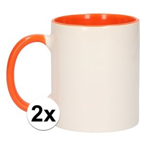 2x Wit met oranje blanco mok