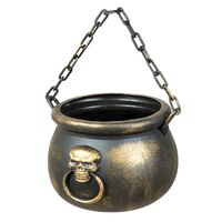 Heksenketel/kookpot kunststof goud met schedel 19 cm