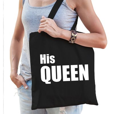 Katoenen tas / shopper zwart his queen witte letters dames