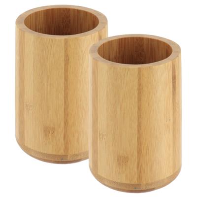 Tandenborstel beker/houder - 2x - bamboe - lichtbruin - hout look - rond - 8 x 11 cm