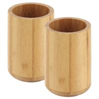 Tandenborstel beker/houder - 2x - bamboe - lichtbruin - hout look - rond - 8 x 11 cm