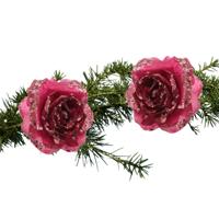 Kerstboomversiering Bloem - 2x - 15 cm - roze - op clip - ornament