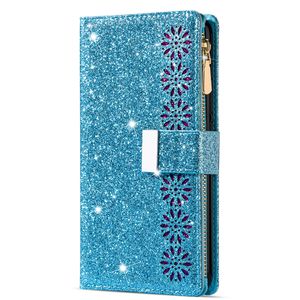 iPhone 11 hoesje - Bookcase - Koord - Pasjeshouder - Portemonnee - Glitter - Bloemenpatroon - Kunstleer - Blauw