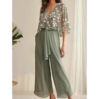 Dames Blouse Broek met wijde pijpen Werk Kleding Alledaagse kleding Elegant Halve mouw V-hals Groen Zomer Lente Lightinthebox - thumbnail