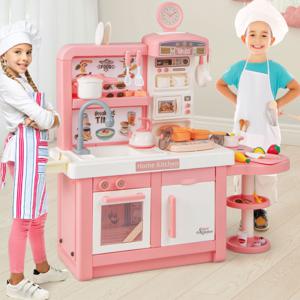 Kinderkeukenspeelset met Gootsteen Oven Magnetron Gesneden Voedsel Fornuis met Stoom Echte Muziek Licht Roze