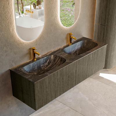 Badmeubel Mondiaz Kurve-Dlux | 150 cm cm | Meubelkleur Shadow | Wastafelkleur Lava | Solid surface | Wasbak beiden zijden spoelbak | 2 kraangaten