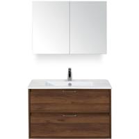 Porto Badmeubelset 90 cm - Walnoot - Keramische Wastafel Wit Slim met Spiegelkast