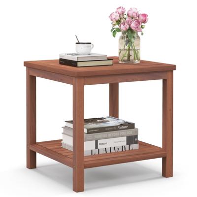 2-Tier Houten Bijzettafel Draagbare Rechthoekige Eindtafel met Lattenbodem Salontafel voor Binnen en Buiten voor Thuis Zwembad Terras