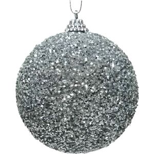 1x Kerstballen zilveren glitters 8 cm met kralen kunststof kerstboom versiering/decoratie   -