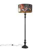 QAZQA Vloerlamp zwart met velours kap bloemen goud 50 cm - Classico