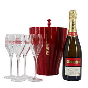 Champagne Piper Heidsieck Essentiel 2016 + brede rode cooler met handvat + 4 glazen