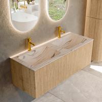 Badmeubel Mondiaz Kurve-Dlux | 120 cm | Meubelkleur Oak | Wastafelkleur Nata | Solid surface | Wasbak beide zijden spoelbak | 2 kraangaten