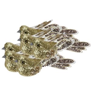 6x stuks kunststof decoratie vogels op clip goud met pailletten 15 cm