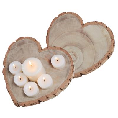 Chaks Kaarsenbord/decoratie dienblad - 2x - houten boomschijf - 19 x 3 cm - hartvormig