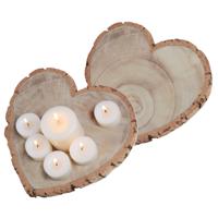 Chaks Kaarsenbord/decoratie dienblad - 2x - houten boomschijf - 19 x 3 cm - hartvormig