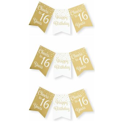Verjaardag Vlaggenlijn 16 jaar - 3x - binnen - karton - wit/goud - 600 cm Verjaardag Vlaggenlijn 16 jaar - 3x - binnen - karton - wit/goud - 600 cm