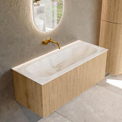 Badmeubel Mondiaz Kurve-Dlux | 110 cm | Meubelkleur Oak | Wastafelkleur Frappe | Solid surface | Midden spoelbak | Zonder kraangat(en)