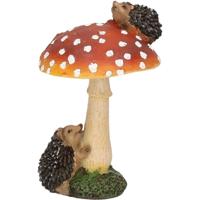 Paddenstoel beeldje met egeltjes - 11 cm - herfstdecoratie - voor tuin en huis - polyresin ornament