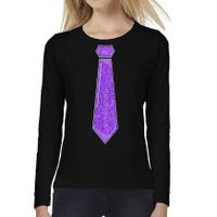 Verkleed shirt voor dames - stropdas paars - zwart - carnaval - foute party - longsleeve - thumbnail