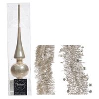 Kerstversiering glazen piek glans 26 cm en folieslingers pakket licht parel/champagne van 3x stuks - thumbnail