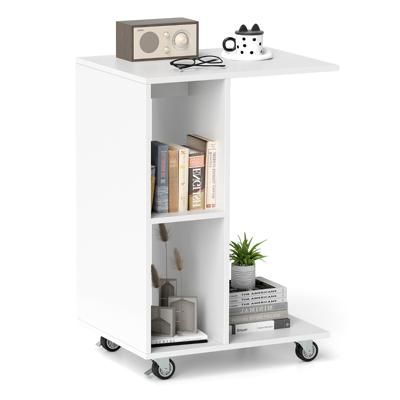C-vormige Bijzettafel Smalle Tafel met Opbergplanken Universele Vergrendelbare Wielen Mobiele Tafel voor Bed Woonkamer Wit