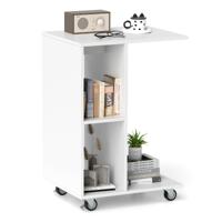 C-vormige Bijzettafel Smalle Tafel met Opbergplanken Universele Vergrendelbare Wielen Mobiele Tafel voor Bed Woonkamer Wit