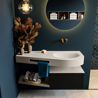 MONDIAZ RIVA 120cm badmeubel onderkast / planchet kleur Urban met 1 lade. Wastafel DULCET rechts 0 kraangaten kleur Linen.