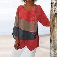 Dames Overhemd Blouse Kleurenblok Afdrukken Casual Basic Lange mouw V-hals Rood Lente Herfst Lightinthebox