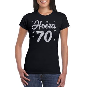 Hoera 70 jaar verjaardag cadeau t-shirt zilver glitter op zwart dames