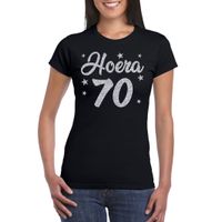 Hoera 70 jaar verjaardag cadeau t-shirt zilver glitter op zwart dames - thumbnail