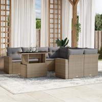 9-delige Loungeset met kussens poly rattan beige