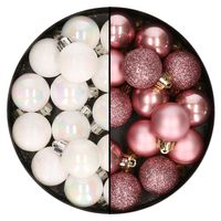 28x stuks kleine kunststof kerstballen dusty roze en parelmoer wit 3 cm - thumbnail