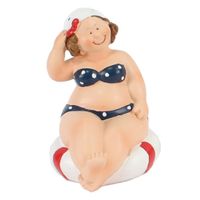 Home decoratie beeldje dikke dame zittend - blauw badpak - 10 cm   -
