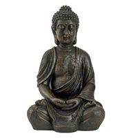 Boeddha beeldje zittend - binnen/buiten - kunststeen - antiek bruin - 30 x 20 cm - thumbnail