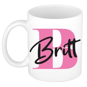 Naam mok Britt - roze - wit - keramiek - 300 ml - verjaardag/cadeau beker