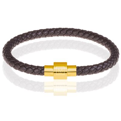 Memphis armband leer met edelstaal Donkerbruin Goud-18cm