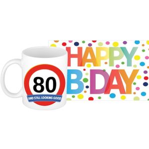 Verjaardag cadeau mok/beker 80 jaar print 300 ml + A5-size wenskaart Happy Birthday