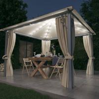 Prieel met gordijn en LED-lichtslinger 3x3 m aluminium crème