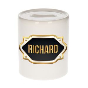 Naam cadeau spaarpot Richard met gouden embleem