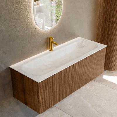 Badmeubel Mondiaz Kurve-Dlux | 120 cm | Meubelkleur Walnut | Wastafelkleur Ostra | Solid surface | Midden spoelbak | 1 kraangat