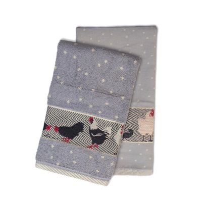 Thee- en keukendoek set met kippen grijs