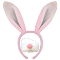 Paashaas/konijn oren - diadeem roze/wit - met tandjes/snuit - voor volwassenen - verkleed set Paashaas/konijn oren - diadeem roze/wit - met tandjes/snuit - voor volwassenen - verkleed set