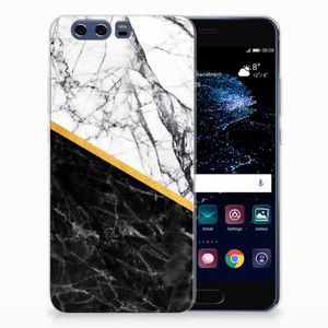 Huawei P10 Plus TPU Siliconen Hoesje Marmer Wit Zwart - Origineel Cadeau Man