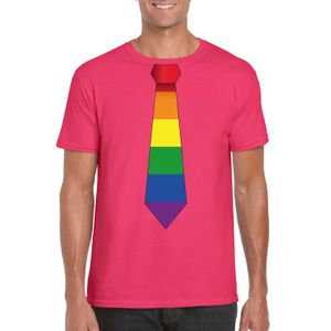 Roze t-shirt met regenboog vlag stropdas heren