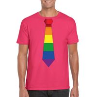 Roze t-shirt met regenboog vlag stropdas heren - thumbnail