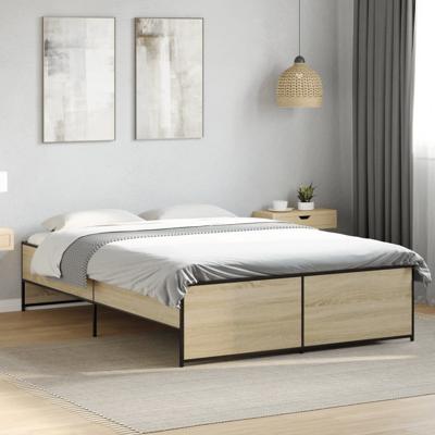 Bedframe bewerkt hout metaal sonoma eikenkleurig 135x190 cm