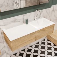 Mondiaz Lush Cloud badmeubel eiken licht 120 cm 2 lades solid surface enkele spoelbak rechts 1 kraangat